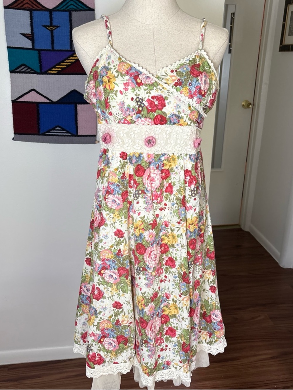 Lulu M Paris Fairycore Floral Midi Dress with Lace Trim